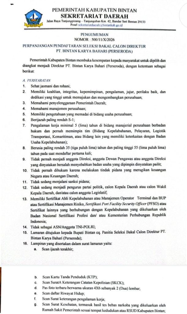 Pemkab Bintan Perpanjang Seleksi Direktur BUMD hingga 24 Oktober 2026