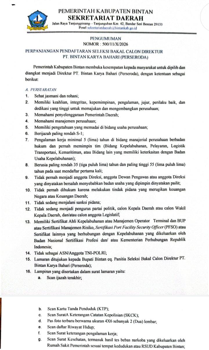 Pemkab Bintan Perpanjang Seleksi Direktur BUMD hingga 24 Oktober